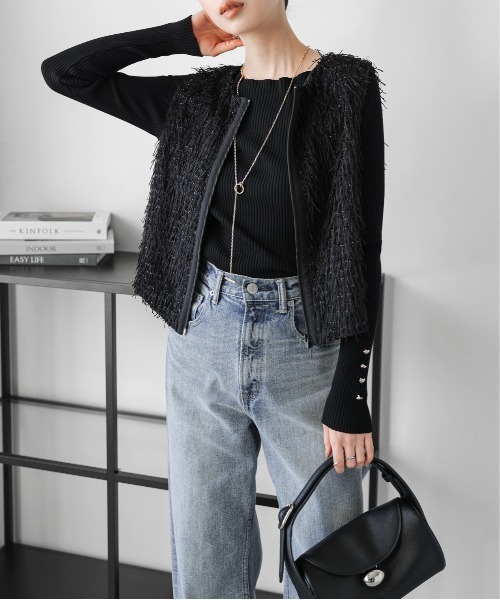 La-gemme（ラジェム）の「フリンジジャガード ダブルジップベスト（ベスト・レディース・ブラック/グレー/ベージュ・フリー）」の5枚目の写真