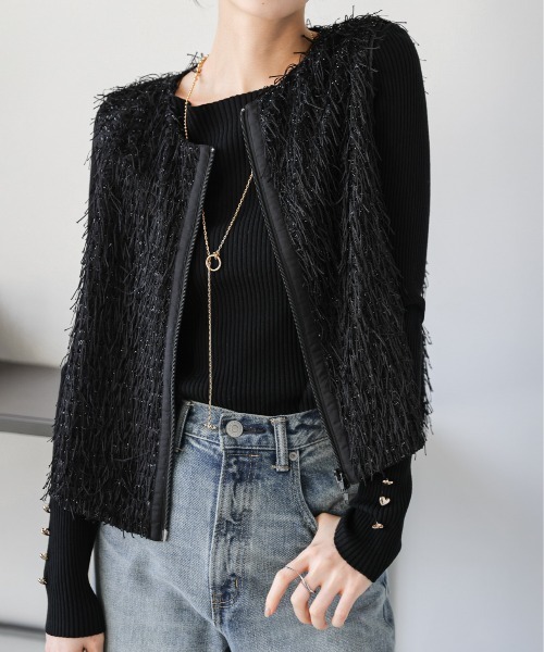 La-gemme（ラジェム）の「フリンジジャガード ダブルジップベスト（ベスト・レディース・ブラック/グレー/ベージュ・フリー）」の7枚目の写真