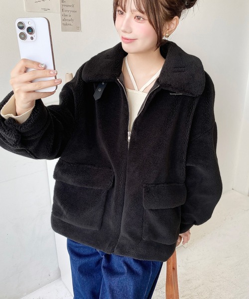 ブルゾン アウター ブラック ウール イタリア製 2WAYアレンジカラーきれい目テディベアボアブルゾン（ブルゾン