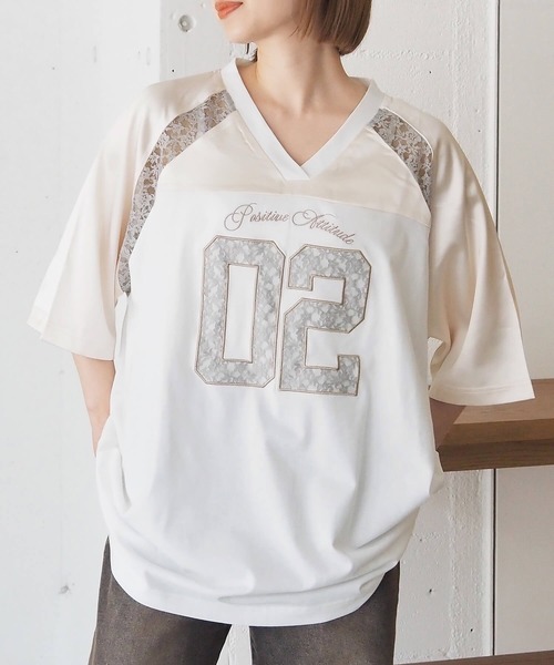 tiptop（ティップトップ）の「サテン×レースナンバリングゲームシャツ（Tシャツ/カットソー・レディース・ネイビー/オフホワイト/ブラック・FREE）」の5枚目の写真