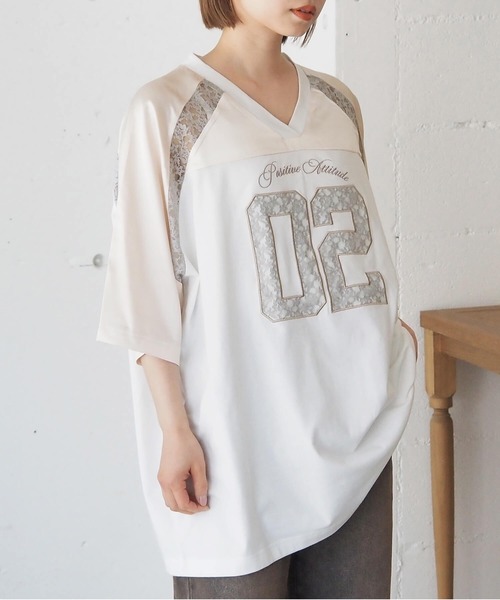 tiptop（ティップトップ）の「サテン×レースナンバリングゲームシャツ（Tシャツ/カットソー・レディース・ネイビー/オフホワイト/ブラック・FREE）」の6枚目の写真