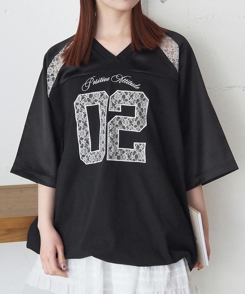 tiptop（ティップトップ）の「サテン×レースナンバリングゲームシャツ（Tシャツ/カットソー・レディース・ネイビー/オフホワイト/ブラック・FREE）」の14枚目の写真