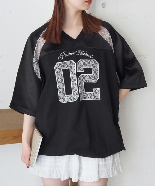 SANSeLF レースナンバリングゲームトップス 同型 セール】サテン×レースナンバリングゲームシャツ（Tシャツ