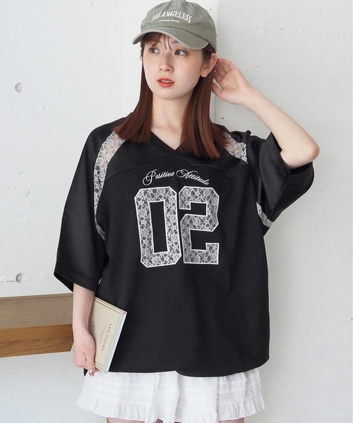 tiptop（ティップトップ）の「サテン×レースナンバリングゲームシャツ（Tシャツ/カットソー・レディース・ネイビー/オフホワイト/ブラック・FREE）」の16枚目の写真
