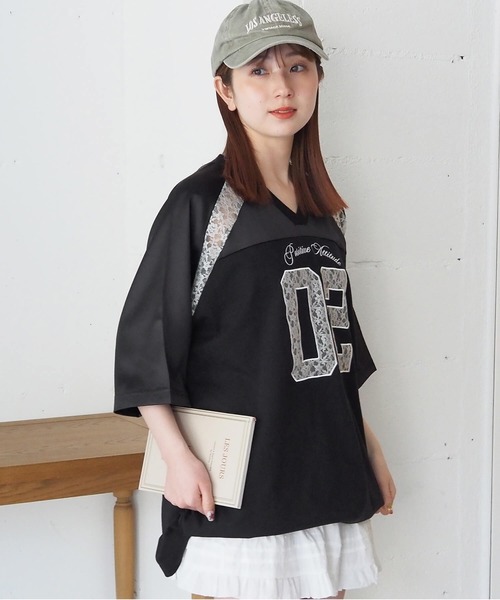 SANSeLF レースナンバリングゲームトップス 同型 セール】サテン×レースナンバリングゲームシャツ（Tシャツ