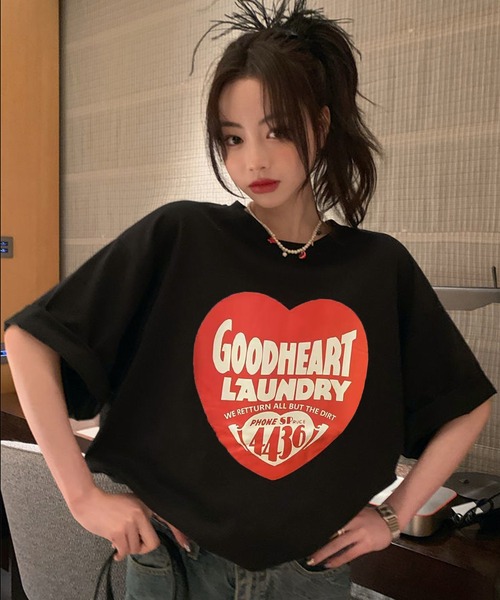 WESTSEA(ウエストシー)の「ハートモチーフ プリント ビッグ 半袖Tシャツ(Tシャツ/カットソー・レディース・ホワイト/ブラック・M/L/XL)」の6枚目の写真