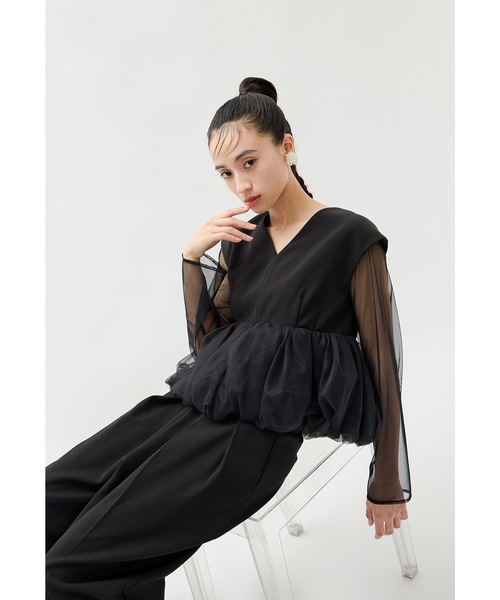 niana（ニアナ）の「ペプラムチュールセットアップパンツドレス 3点セット セパレート シアーブラウス 結婚式 二次会 同窓会 成人式 お呼ばれ パーティードレス オケージョンドレス（パンツドレス・レディース・チャコール/ベージュ/ブラック・S/M/L）」の10枚目の写真