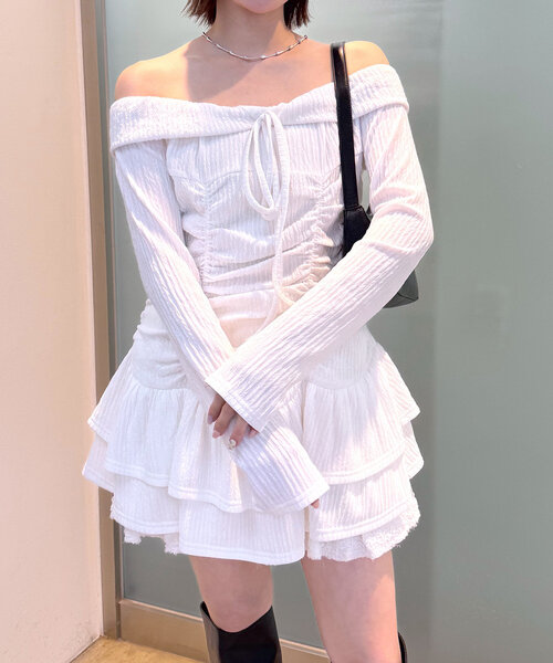 セール】[mline]オフショルシャーリングミニワンピース