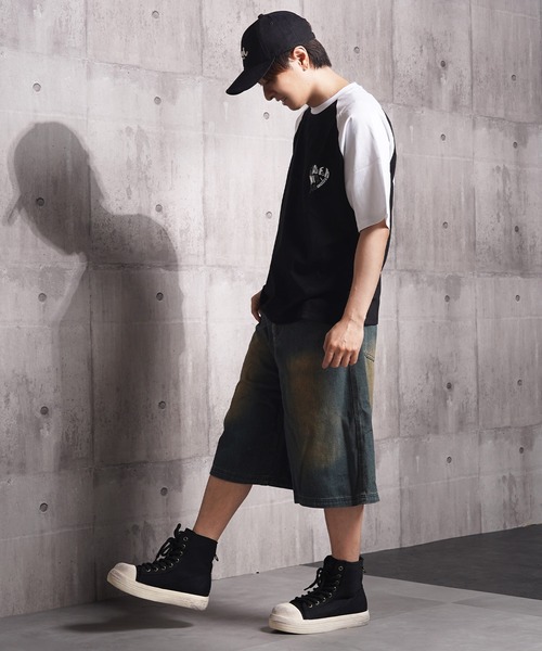 1111clothing(ワンフォークロージング)の「オーバーダイ デニムジョーツ / Overdyed Denim Jorts / ワイド デニム ショートパンツ(デニムパンツ・メンズ・ブラック/ブルー/ネイビー・L/M)」の6枚目の写真