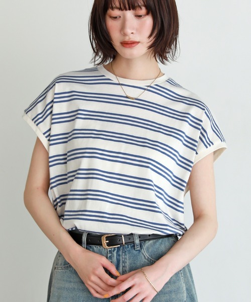 wafu/ワフ/フレンチスリーブリネンカットソー ネイビー ワンサイズ セール】脇見え防止カバー付きフレンチスリーブボーダーT（T
