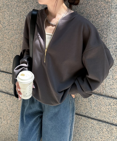 RANAN（ラナン）の「フロントハーフジップスウェット（スウェット・レディース・アイボリー/グレー/ピンク/チャコール・M/L/LL）」の3枚目の写真