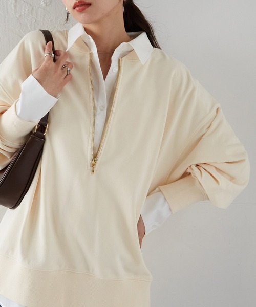 RANAN（ラナン）の「フロントハーフジップスウェット（スウェット・レディース・アイボリー/グレー/ピンク/チャコール・M/L/LL）」の6枚目の写真