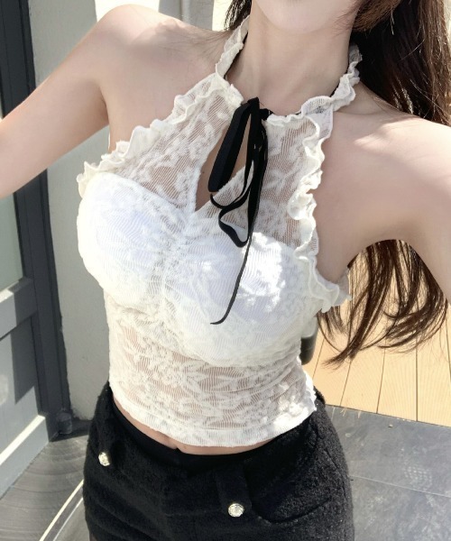 ROOPTOKYO(ループトウキョウ)の「Floral Lace Halter Neck/花柄レース ホルターネック(キャミソール・レディース・ピンク/アイボリー/ブラック/ホワイト・FREE)」の2枚目の写真