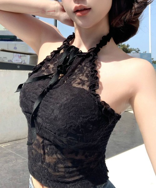 ROOPTOKYO(ループトウキョウ)の「Floral Lace Halter Neck/花柄レース ホルターネック(キャミソール・レディース・ピンク/アイボリー/ブラック/ホワイト・FREE)」の1枚目の写真