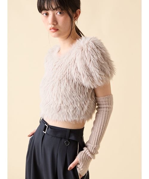 アームウォーマー付きフェザーヤーンコンパクトトップス（ニット