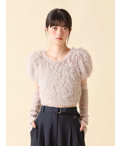 アームウォーマー付きフェザーヤーンコンパクトトップス（ニット