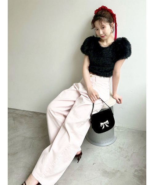 アームウォーマー付きフェザーヤーンコンパクトトップス（ニット