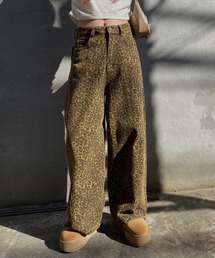 RAY CASSIN | 【ウエスト調節可/2サイズ展開】ヒョウ柄サイド切替デニムワイドパンツ(デニムパンツ)