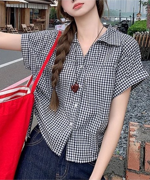 AsheKsha(アシクシャ)の「【新作】韓国版チェック柄POLOカラー半袖(Tシャツ/カットソー・レディース・ブラック系その他・M)」の2枚目の写真