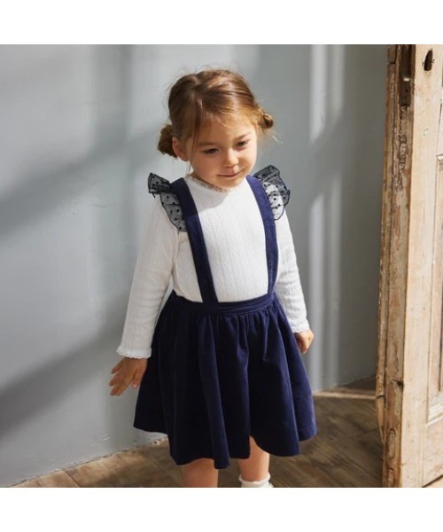 10mois(ディモワ)の「【10mois(ディモワ)】DOTフリルサスペンダーキュロットパンツ 80-90・90-100cm(その他パンツ・キッズ・ベージュ/ネイビー・80-90cm/90-100cm)」の1枚目の写真