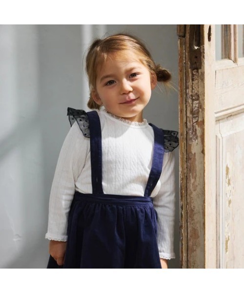 10mois(ディモワ)の「【10mois(ディモワ)】DOTフリルサスペンダーキュロットパンツ 80-90・90-100cm(その他パンツ・キッズ・ベージュ/ネイビー・80-90cm/90-100cm)」の3枚目の写真