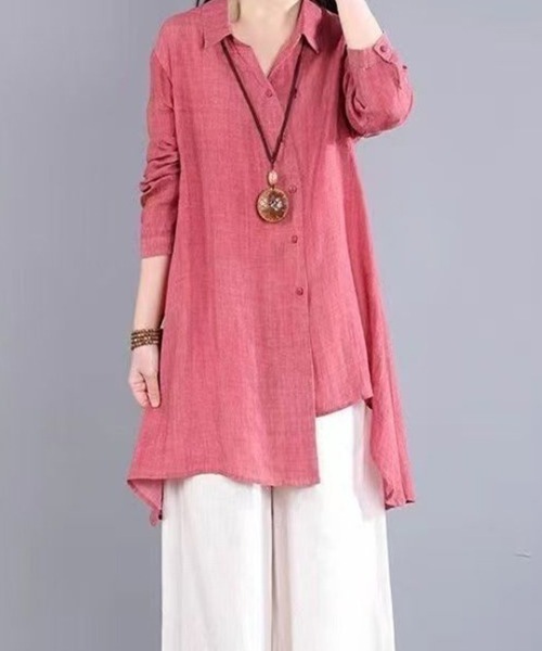 cammie(キャミー)の「イレギュラーヘムフレアシャツ(シャツ/ブラウス・レディース・グレー/レッド/ベージュ・MEDIUM/LARGE)」の3枚目の写真