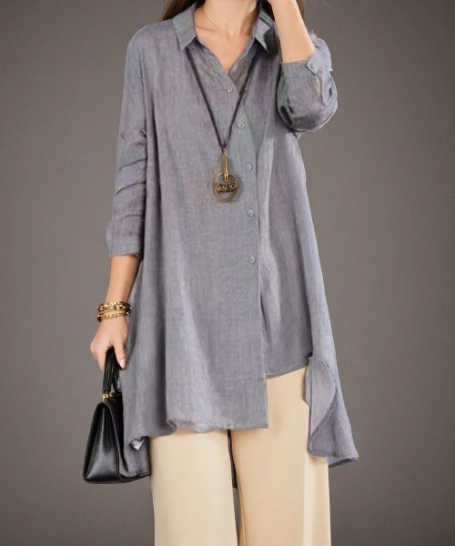 cammie(キャミー)の「イレギュラーヘムフレアシャツ(シャツ/ブラウス・レディース・グレー/レッド/ベージュ・MEDIUM/LARGE)」の7枚目の写真