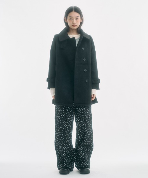 2WAYラウンドカラーPコート　ブラック 2way round collar middle coat / 2WAYラウンドカラーPコート