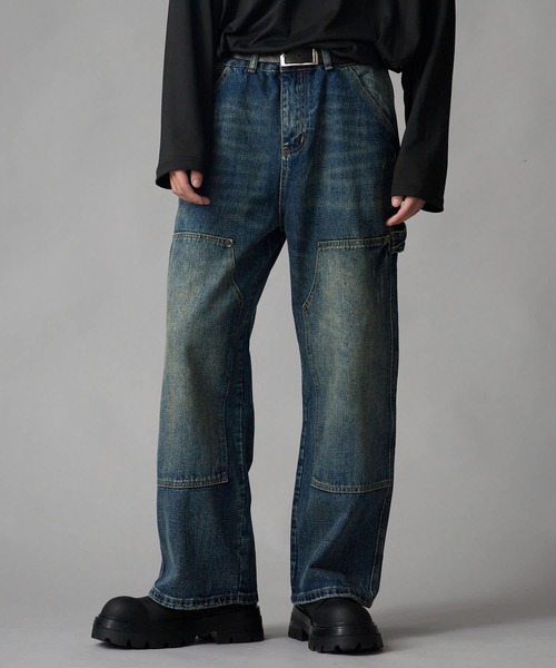 セール】Vintage-Washed Double-Knee Denim Pants / ヴィンテージ加工
