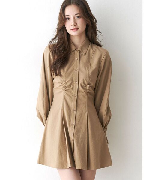 セール】ギャザリングシャツミニワンピース（シャツワンピース