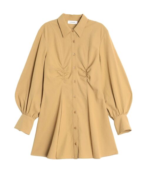 CALNAMUR（カルナムール）の「ギャザリングシャツミニワンピース（シャツワンピース・レディース・チャコールグレー/ベージュ/ブルー・FREE）」の2枚目の写真