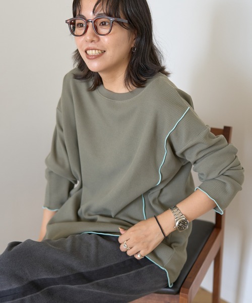 AMERICAN HOLIC(アメリカンホリック)の「ワッフル配色メロープルオーバー(Tシャツ/カットソー・レディース・カーキ/ブラック/チャコールグレー/ホワイト系その他・M/L)」の4枚目の写真