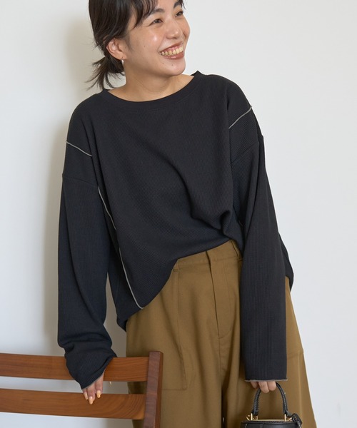 AMERICAN HOLIC(アメリカンホリック)の「ワッフル配色メロープルオーバー(Tシャツ/カットソー・レディース・カーキ/ブラック/チャコールグレー/ホワイト系その他・M/L)」の3枚目の写真