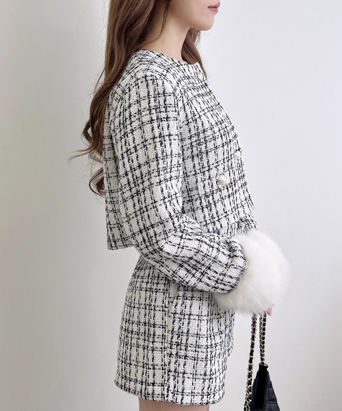 袖口エコファーツイードジャケット(セットアップ対応)（ノーカラー
