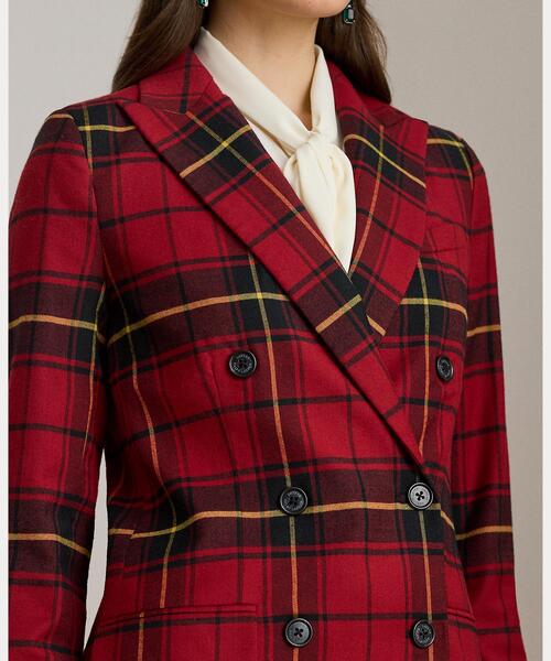 セール】チェック ダブルブレステッド ウールブレンド ブレザー