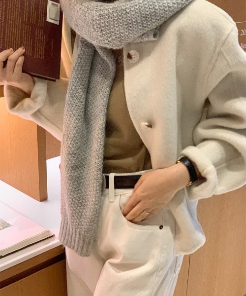 FREE STYLISTS(フリー スタイリスト)の「YUGA_YGMC Wool-like collarless short coat(ノーカラーコート・レディース・ライトグレー/オフホワイト・FREE)」の6枚目の写真
