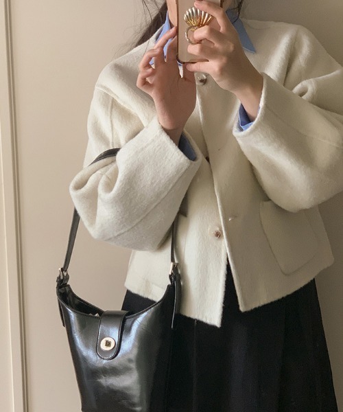 FREE STYLISTS(フリー スタイリスト)の「YUGA_YGMC Wool-like collarless short coat(ノーカラーコート・レディース・ライトグレー/オフホワイト・FREE)」の13枚目の写真
