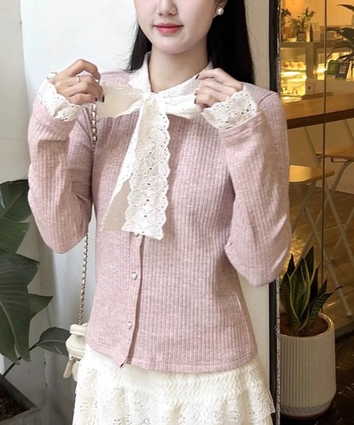 Sibra（シブラ）の「アイレットレースタイ付き2WAYカーディガン（カーディガン/ボレロ・レディース・グレー/ピンク・M）」の11枚目の写真