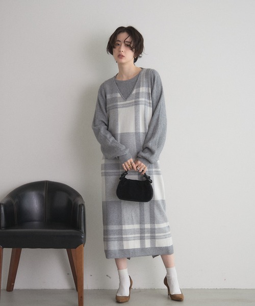 ニットトップス×チェックニットスカートセット（セットアップ