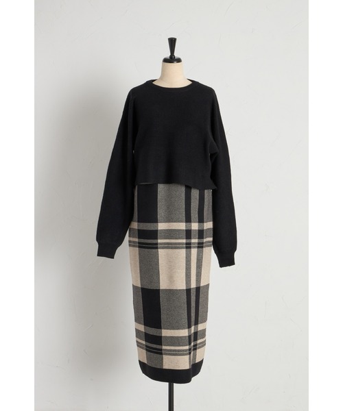 ニットトップス×チェックニットスカートセット（セットアップ