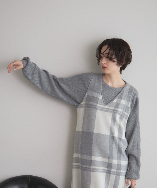 ニットトップス×チェックニットスカートセット（セットアップ