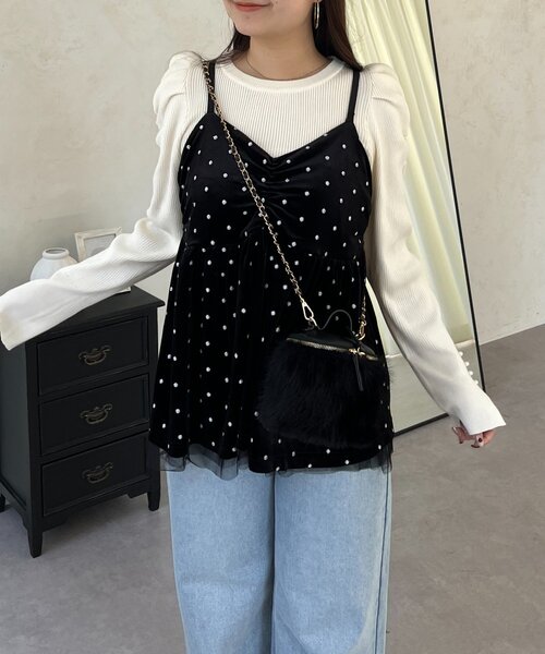 prose verse（プロズヴェール）の「ドット刺繍チュールレイヤードベロアビスチェ（キャミソール・レディース・ブラック・LARGE/MEDIUM）」の4枚目の写真