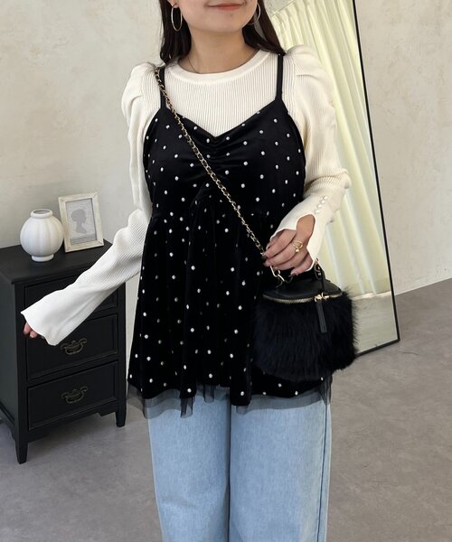 prose verse（プロズヴェール）の「ドット刺繍チュールレイヤードベロアビスチェ（キャミソール・レディース・ブラック・LARGE/MEDIUM）」の5枚目の写真