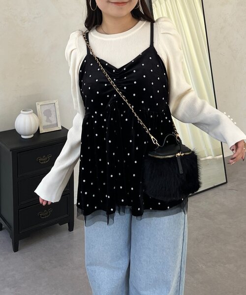 prose verse（プロズヴェール）の「ドット刺繍チュールレイヤードベロアビスチェ（キャミソール・レディース・ブラック・LARGE/MEDIUM）」の6枚目の写真