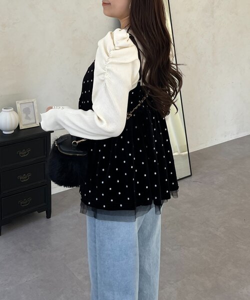 prose verse（プロズヴェール）の「ドット刺繍チュールレイヤードベロアビスチェ（キャミソール・レディース・ブラック・LARGE/MEDIUM）」の7枚目の写真