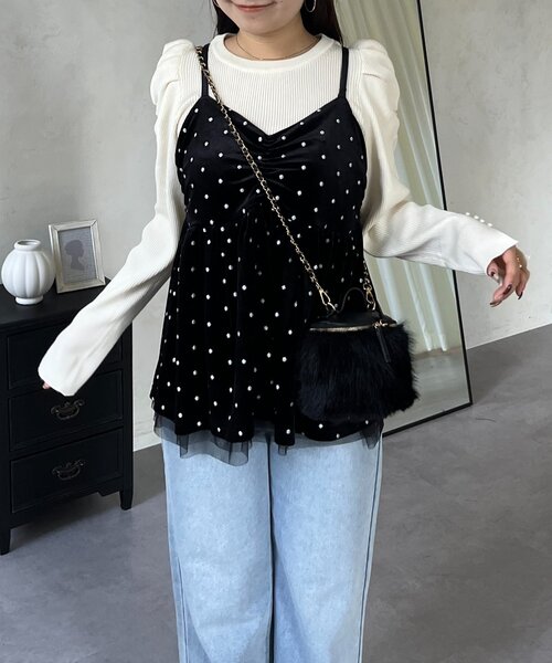 prose verse（プロズヴェール）の「ドット刺繍チュールレイヤードベロアビスチェ（キャミソール・レディース・ブラック・LARGE/MEDIUM）」の12枚目の写真