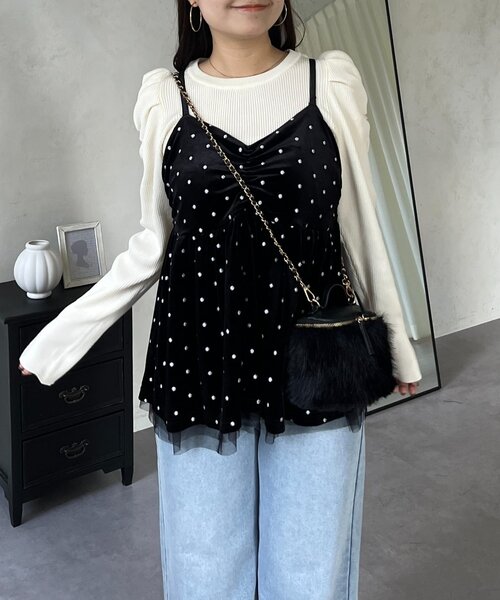 prose verse（プロズヴェール）の「ドット刺繍チュールレイヤードベロアビスチェ（キャミソール・レディース・ブラック・LARGE/MEDIUM）」の13枚目の写真