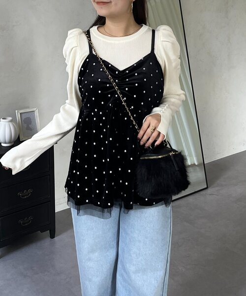 prose verse（プロズヴェール）の「ドット刺繍チュールレイヤードベロアビスチェ（キャミソール・レディース・ブラック・LARGE/MEDIUM）」の14枚目の写真