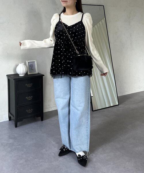 prose verse（プロズヴェール）の「ドット刺繍チュールレイヤードベロアビスチェ（キャミソール・レディース・ブラック・LARGE/MEDIUM）」の15枚目の写真