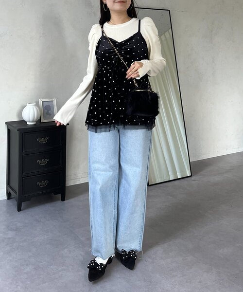 prose verse（プロズヴェール）の「ドット刺繍チュールレイヤードベロアビスチェ（キャミソール・レディース・ブラック・LARGE/MEDIUM）」の16枚目の写真